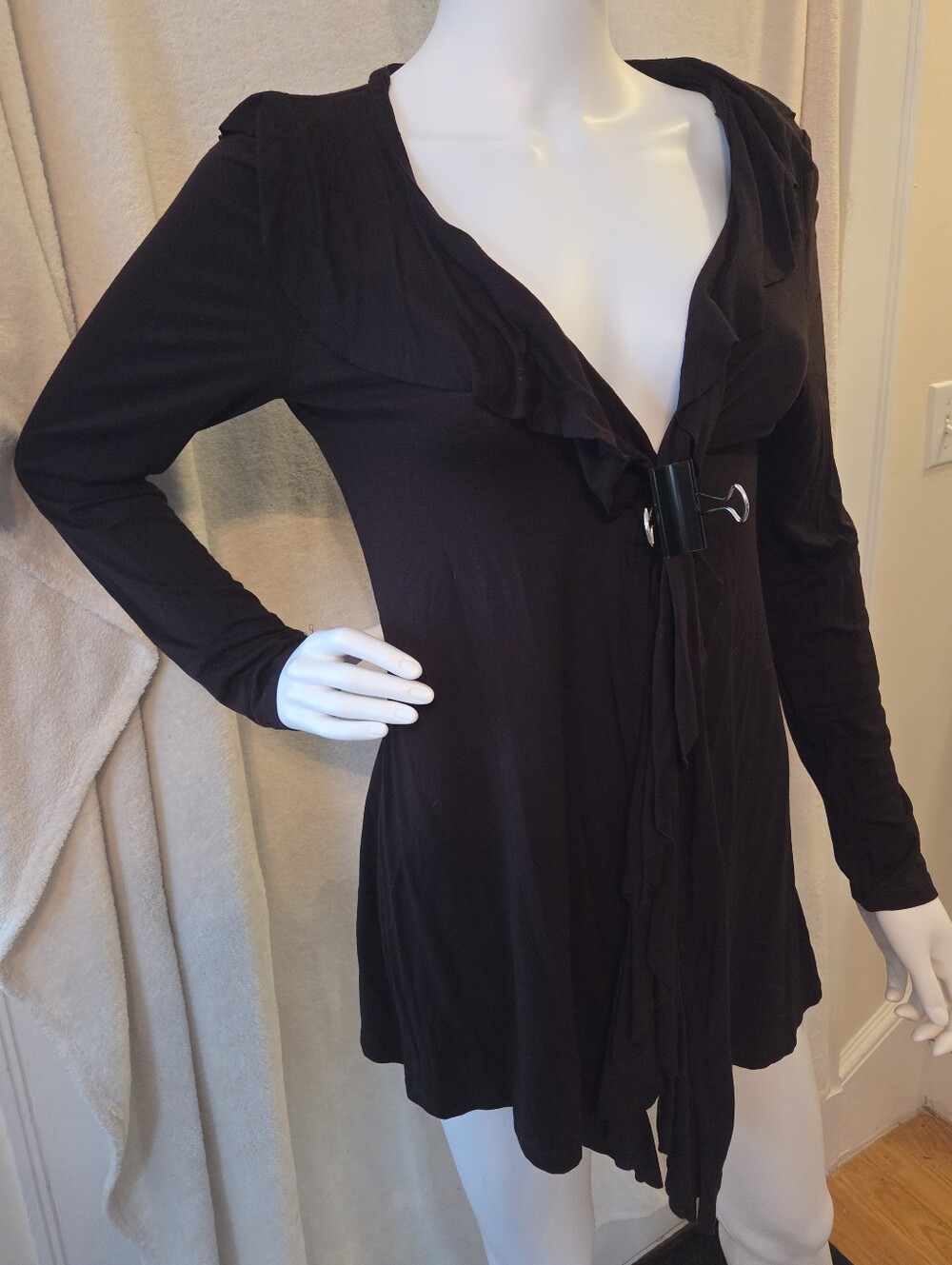 INC International Concepts Dark Brown Ruffled Open Front Cardigan